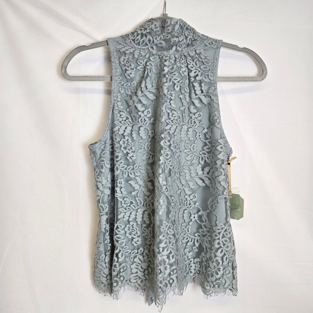 Ryegrass High Neck Sleeveless Lace Tie-Neck Blouse Keyhole Slate XS New